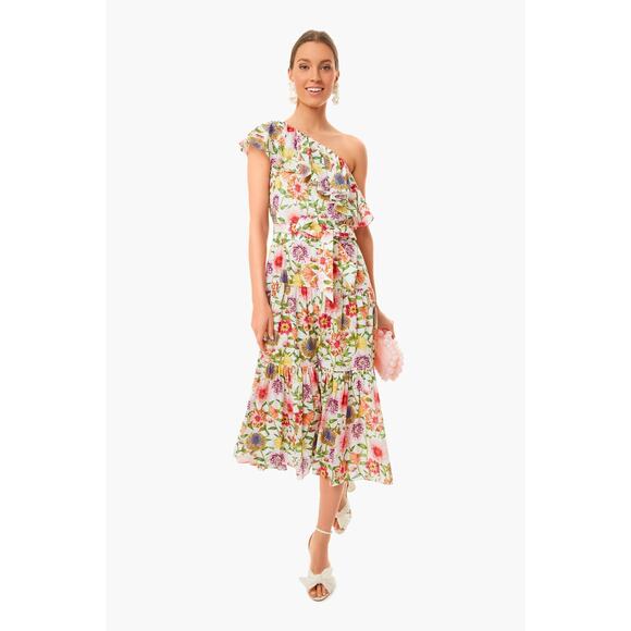 BORGO DE NOR Petra One Shoulder Ruffle Midi Linen Floral Dress Tuckernuck Small - Picture 1 of 15